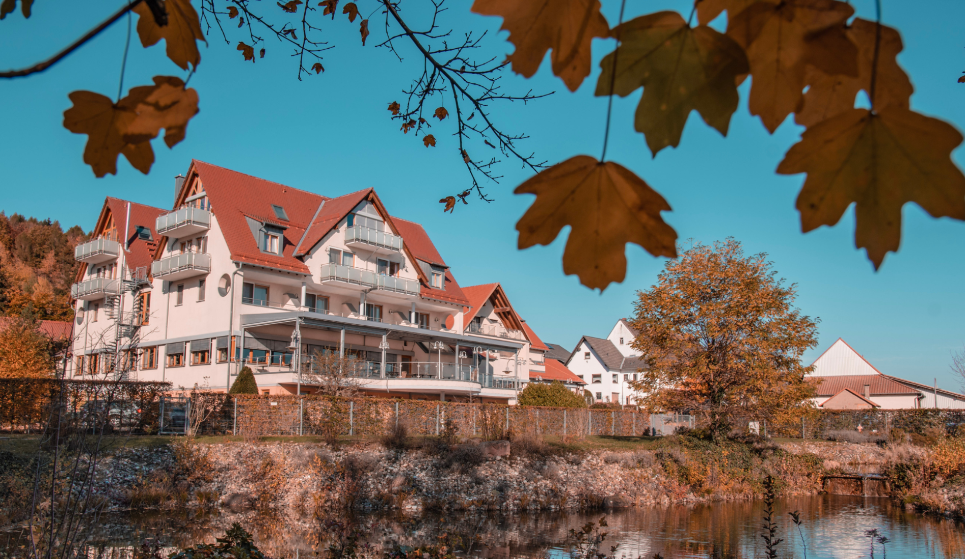 Blick auf das Hotel Heimathenhof vom Teich aus
