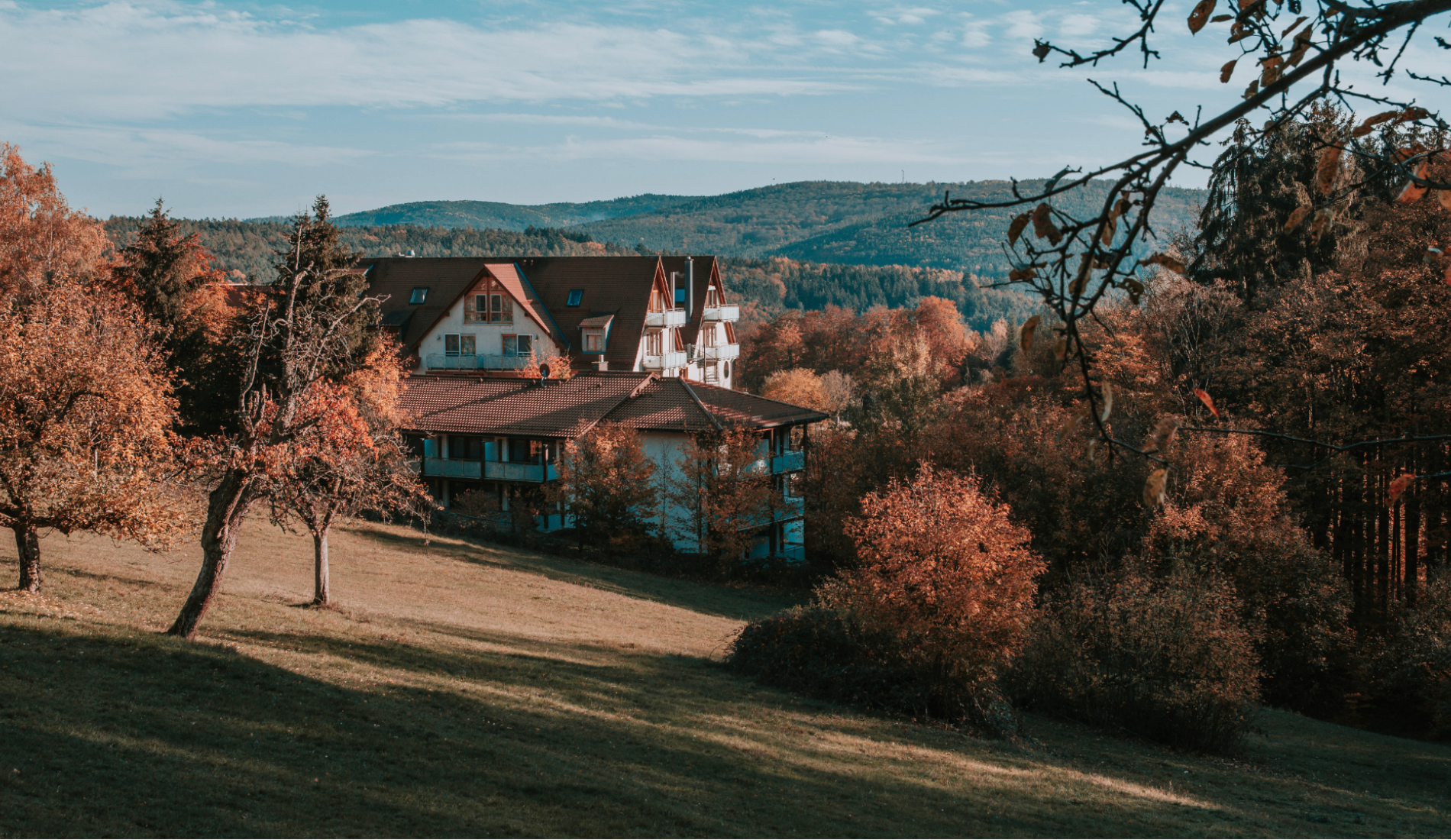 Herbstliche Ansicht des Heimathenhofs aus Richtung des Waldes